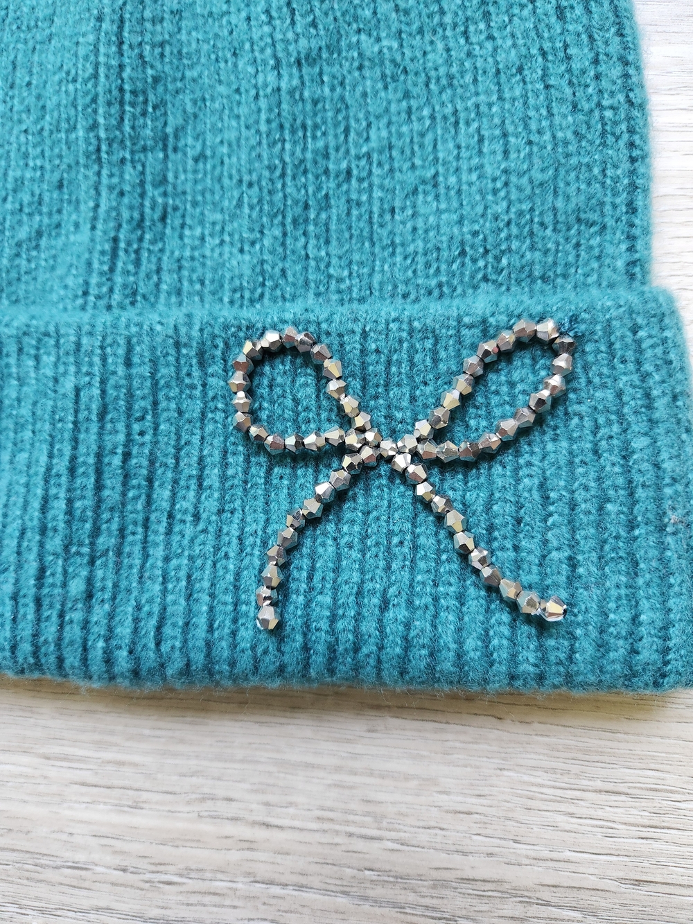 Lulu Teal Knit Beanie Hat Silver Bow Nwt Winter - Picture 2 of 7